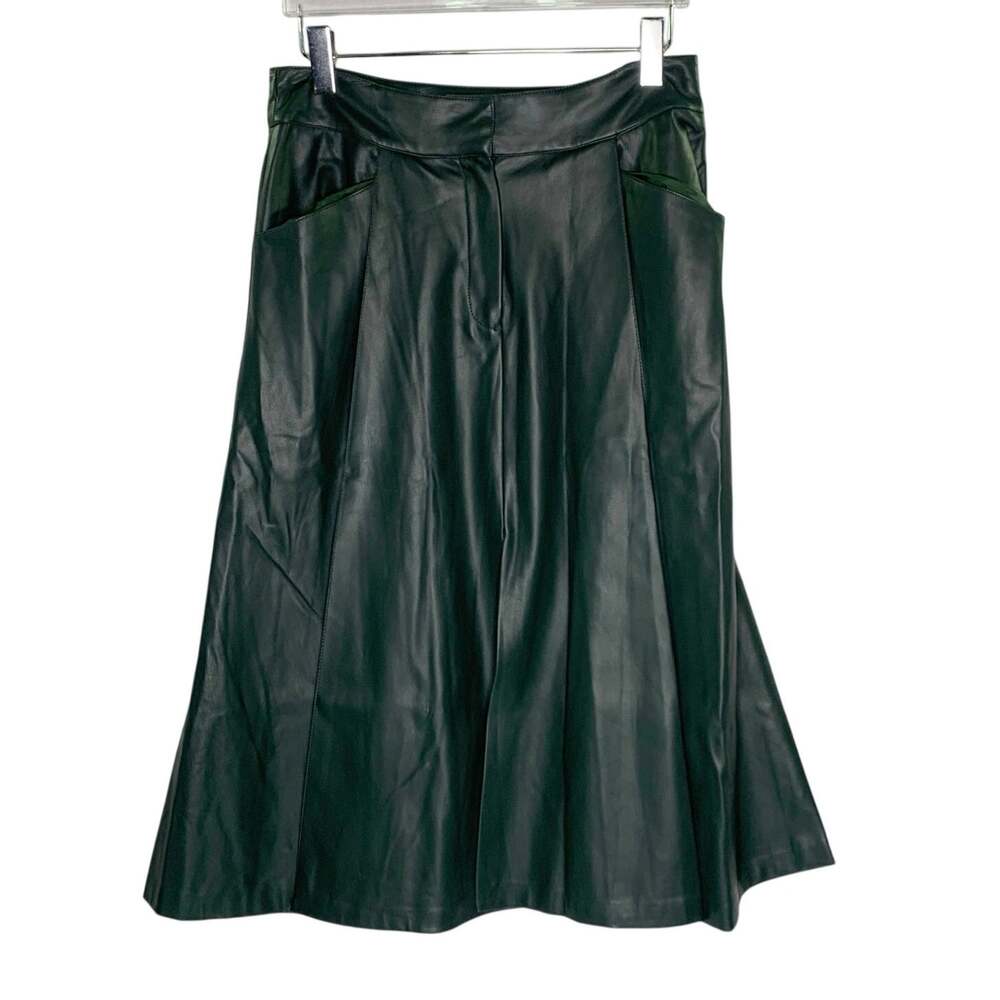 Zara Faux Leather Panel Midi Skirt XL Dark Bottle Green Hue A-line Silhouette